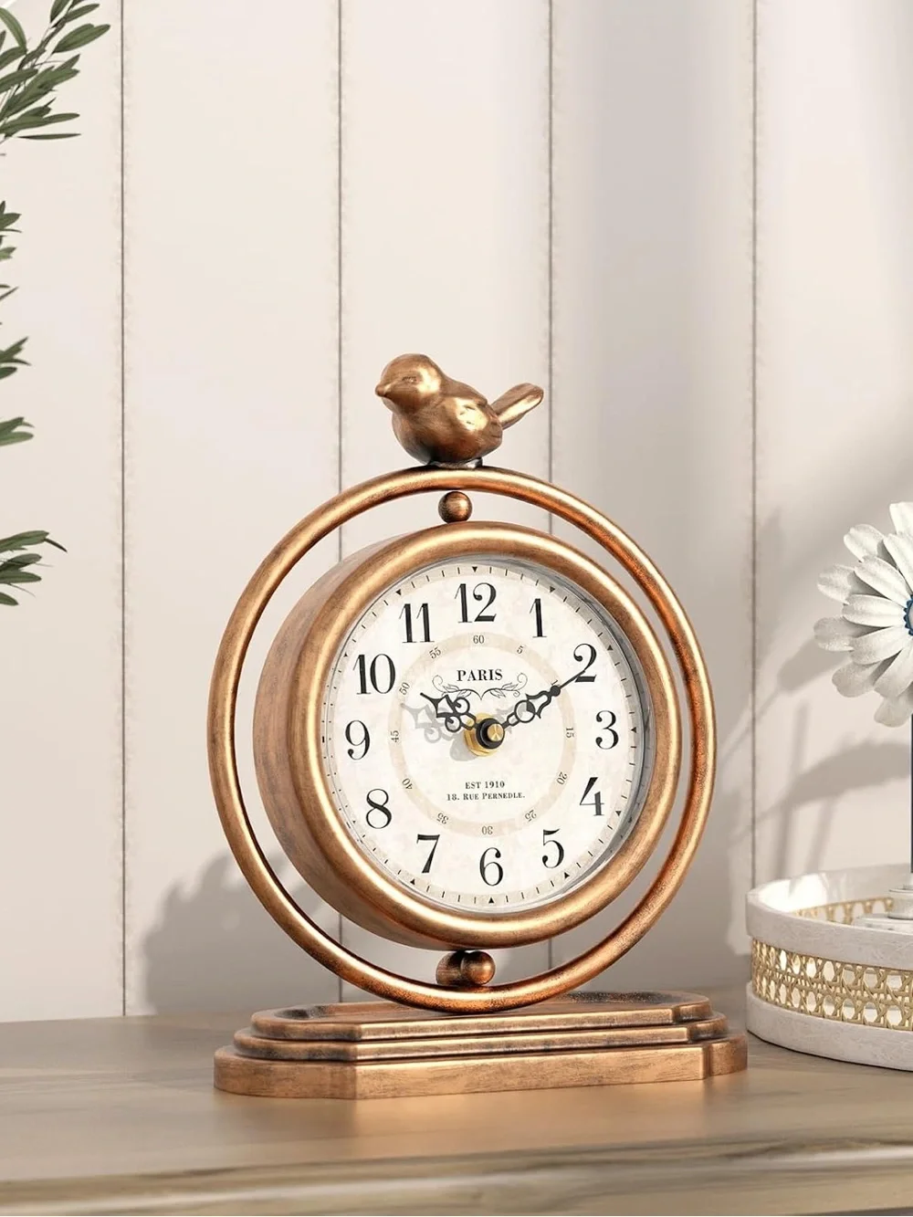 Paris Bird Table Clock in Antique Gold - Home Wall Decor